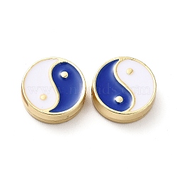 Rack Plating Alloy Enamel Beads, Flat Round with Yin Yang Pattern, Golden, Blue, 11x4mm, Hole: 1.6mm(ENAM-F146-18G-04)