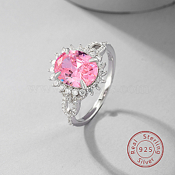 Rhodium Plated Sterling Silver Oval Adjustable Ring, with Pink Cubic Zirconia, with 925 Stamp, Platinum, US Size 6(16.5mm)(JA2661-1)