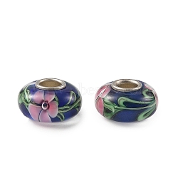 Lampwork & Brass Core European Beads, Large Hole Beads, Rondelle with Flower, Dark Blue, 15x7.5mm, Hole: 4mm(LAMP-P019-01P-02)