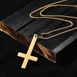 304 Stainless Steel Upside Down Cross Pendant Box Chain Necklaces, Ion Plating(IP), Golden, 23.68 inch(60.15cm)(NJEW-NH0001-07G)