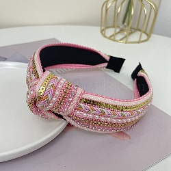 Sequin Ethnic Style Rhinestone Pearl Hair Band, Wide Knotted Cloth Hair Accessories for Women Girl, Pink, 160x130mm(PW-WG10983-07)