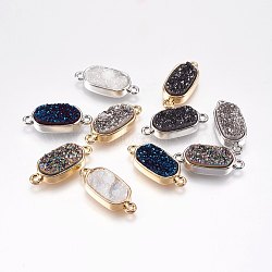 Electroplated Natural Druzy Agate Links connectors, with Brass Findings, Oval, Mixed Color, 10x24x6mm, Hole: 1mm(G-L481-B)