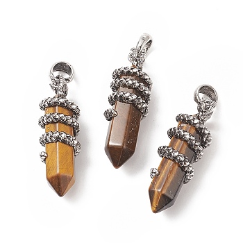 Natural Tiger Eye Double Terminal Pointed Pendants, Faceted Bullet Charms with Antique Silver Tone Alloy Dragon Wrapped, 47x14.5x15mm, Hole: 7.5x6.5mm