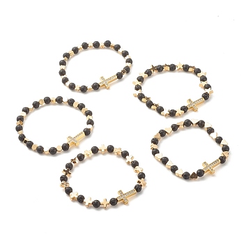 Cross Cubic Zirconia Beads Stretch Bracelet, Natural Lava Rock Beads Oil Diffuser Bracelet, Brass Beads Bracelet for Women, Mixed Shape, Golden, Inner Diameter: 2-1/8 inch(5.5cm)