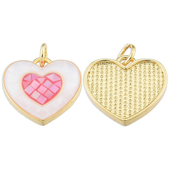 Brass Enamel Pendants, with Jump Rings and Shell, Real 18K Gold Plated, Nickel Free, Heart, Hot Pink, 15x16x3.5mm, Jump Ring: 5x1mm, 3mm inner diameter