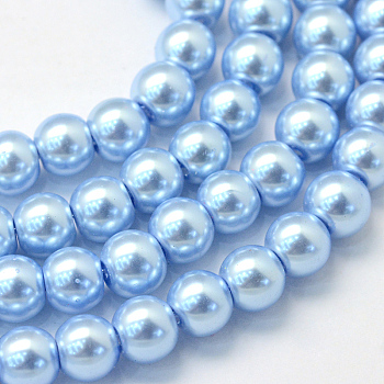 Baking Painted Pearlized Glass Pearl Round Bead Strands, Sky Blue, 8~9mm, Hole: 1mm, about 100~105pcs/strand, 31.4 inch