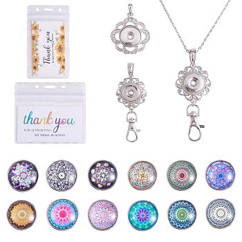 DIY Interchangable Pendant ID Card Holder Necklace Making Kit, Including Mandala Flower Glass Snap Cabochon, Owl Alloy Snap Base Settings, 304 Stainless Steel Cable Chains Necklaces, Platinum & Stainless Steel Color, 17Pcs/box