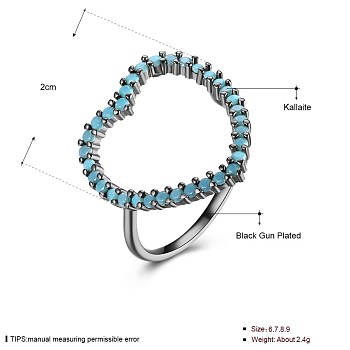 High Fashion Brass Finger Rings, with Synthetic Turquoise, Hollow Heart, Size 7, Gunmetal, 17.3mm