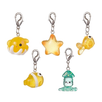 Marine Series Resin Pendant Decoraiton, with Zinc Alloy Lobster Claw Clasps, Octopus/Goldfish/Starfish/Inkfish/Clownfish, Mixed Color, 30~44mm