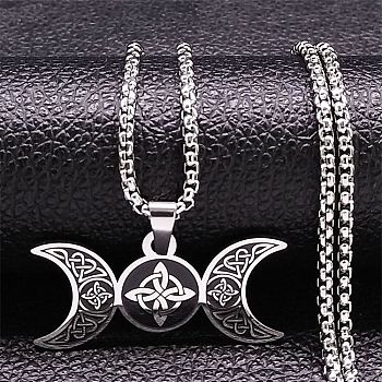 Triple Moon Goddess 304 Stainless Steel Pendant Necklaces, with Enamel, Stainless Steel Color, 23.31 inch(59.2cm)