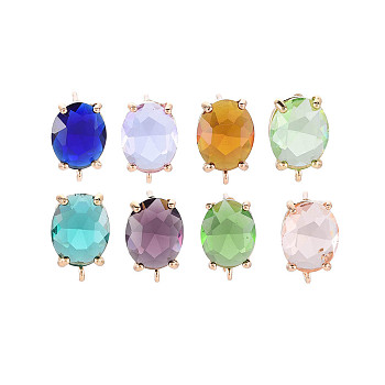 Brass Stud Earring Findings, with Glass, Oval with Loop, Light Gold, Mixed Color, 12~14x8mm, Hole: 1.2mm, Pin: 0.6~0.7mm