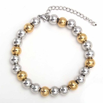 Simple Fashion Round Stainless Steel Beaded Bracelets for Women, Gunmetal & Stainless Steel Color, 7-1/8 inch(18cm), Round: 4mm