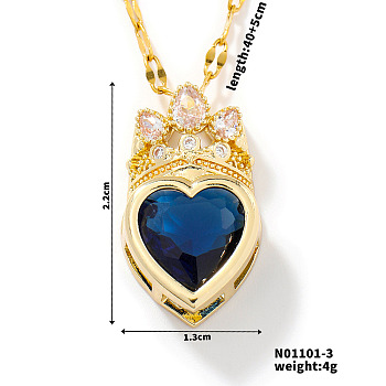 Fashionable Brass Cubic Zirconia Crown Heart-Shaped Pendant Dapped Chain Necklaces for Women, Golden, Blue, 15.75 inch(40cm)