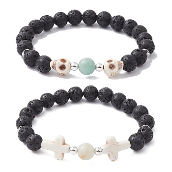 2Pcs 2 Style Skull & Cross & Round Natural & Synthetic Mixed Gemstone Beaded Stretch Bracelets Set, Stackable Bracelets, Inner Diameter: 2-3/8 inch(6cm), 1Pc/style