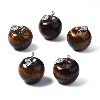 Natural Tiger Eye Display Decorations, with Platinum Tone Alloy Findings and Rhinestone, Cadmium Free & Nickel Free & Lead Free, Apple, 37~39.5x35mm