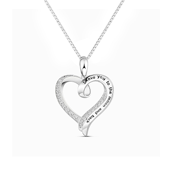 TINYSAND Rhodium Plated 925 Sterling Silver Elegant Hollowed Heart Necklace, with Cubic Zirconia, Platinum, 14 inch