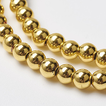 Non-magnetic Synthetic Hematite Bead Strands, Round, Golden Plated, 4mm, Hole: 1mm, about 103pcs/strand, 15.7 inch
