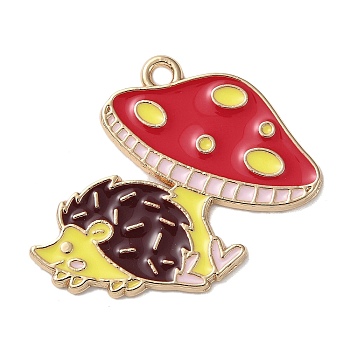 Golden Plated Alloy Enamel Pendants, Hedgehog with Mushroom Charm, Colorful, 23x27x1mm, Hole: 1.8mm