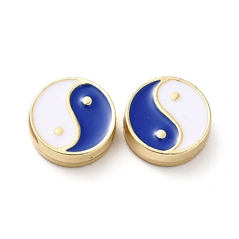 Rack Plating Alloy Enamel Beads, Flat Round with Yin Yang Pattern, Golden, Blue, 11x4mm, Hole: 1.6mm