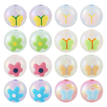 16Pcs 8 Styles UV Plating Rainbow Iridescent Acrylic Beads, with Enamel, Round with Butterfly & Flower, Mixed Color, 17x16x15.5mm, Hole: 2.8mm, 2pcs/style