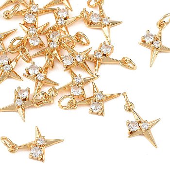 SHEGRACE Brass Micro Pave Clear Cubic Zirconia Pendants, Star Charms, Cadmium Free & Lead Free & Nickel Free, Real 18K Gold Plated, 16x11x3mm, Hole: 3mm