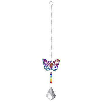 Metal Animal Hanging Ornaments, Teardrop & Rainbow Color Glass Suncatchers for Home Outdoor Decoration, Butterfly, 365x65mm