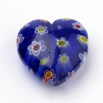 Handmade Millefiori Lampwork Beads, Heart, Blue, 21~22x21~22x10.5~11mm, Hole: 1mm