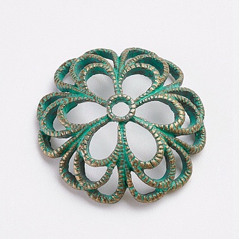 Tibetan Style Alloy Fancy Bead Caps, 6-Petal, Flower, Antique Bronze & Green Patina, 24x6mm, Hole: 2mm
