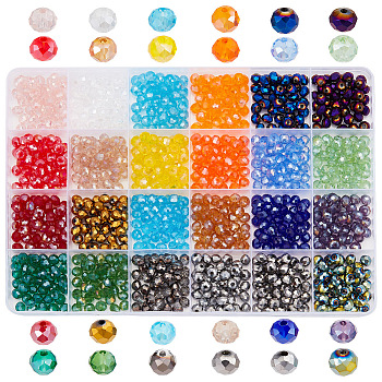 1008Pcs 24 Colors Electroplate Glass Beads Strands, AB Color Plated & Transparent, Faceted, Rondelle, Mixed Color, 6x5mm, Hole: 1mm, 42Pcs/color