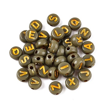 Plating Acrylic Beads, with Metal Enlaced, Flat Round with Letter, Dark Khaki, 7x4mm, Hole: 1.6mm, about 3330pcs/500g