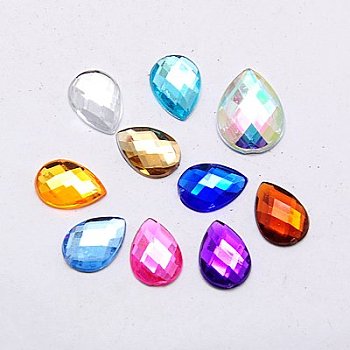 Imitation Taiwan Acrylic Rhinestone Cabochons, Flat Back, Faceted Teardrop, Mixed Color, 13x8x3mm, about 2000pcs/bag