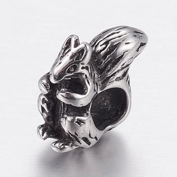 304 Stainless Steel European Beads, Large Hole Beads, Squirrel, Antique Silver, 11x6x12mm, Hole: 5mm