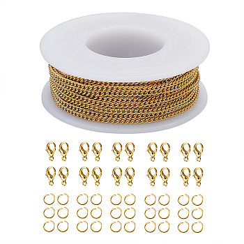 DIY 304 Stainless Steel Jewelry Making Kits, Including 10m Curb Chain, 20Pcs Lobster Claw Clasps and 30Pcs Jump Rings, Golden, 2x5x2.5mm