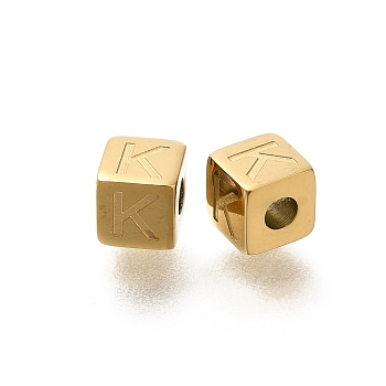 Ion Plating(IP) 304 Stainless Steel Beads, Cube with Latter, Real 14K Gold Plated, Letter K, 5x5x5mm, Hole: 2mm