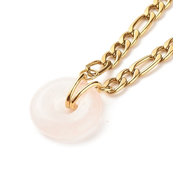 Natural Rose Quartz Donut Pendant Necklace, Gemstone Necklace with 304 Stainless Steel Figaro Chain for Women, Golden, 15.87 inch(40.3cm)