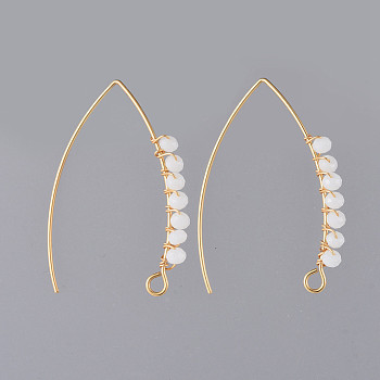 304 Stainless Steel Earring Hooks, with Faceted Rondelle Glass Beads and Horizontal Loop, Golden, White, 40x28x3mm, Hole: 3x2mm, Pin: 0.8mm