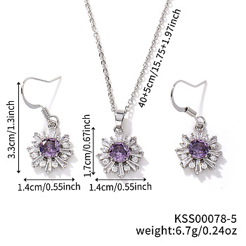 Brass Rhinestones Flower Jewelry Set, Earrings & Necklaces Set for Fashionable Women, Medium Purple