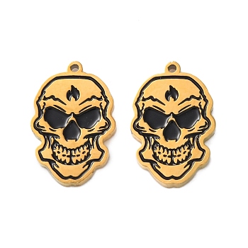 Ion Plating(IP) 304 Stainless Steel Pendants, with Enamel, Skull Charm, Real 18K Gold Plated, 15.5x10x1.5mm, Hole: 1mm