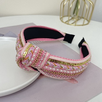 Sequin Ethnic Style Rhinestone Pearl Hair Band, Wide Knotted Cloth Hair Accessories for Women Girl, Pink, 160x130mm