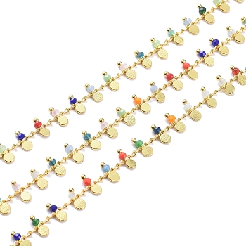 3.28 Feet Handmade Faceted Glass Beaded Chains, Soldered, with Brass Findings, Golden, Long-Lasting Plated, Colorful, 7~7.5x3x2~2.5mm