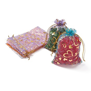 Heart Printed Organza Bags, Gift Bags, Rectangle, Mixed Color, 18x13cm