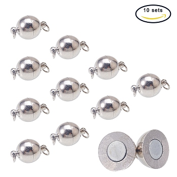 PandaHall Elite Brass Magnetic Clasps with Loops, Nickel Free, Round, Platinum, 19x12mm, Hole: 2mm