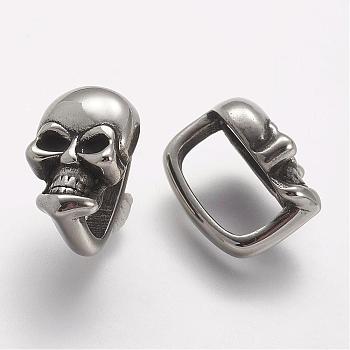 304 Stainless Steel Slide Charms, Skull, Antique Silver, 15.5x10x12mm, Hole: 7x12mm