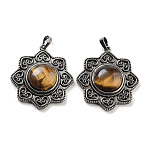 Natural Tiger Eye & Brass Pendants, Antique Silver, Sun Charm, 43.5x39.5x9mm, Hole: 9.5x5.5mm(G-K338-09AS-06)