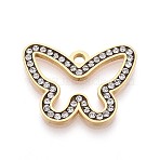 303 Stainless Steel Pendants, with Rhinestone, Butterfly Charms, Ion Plating(IP), Long-Lasting Plated, Golden, 19.5x25.5x2mm, Hole: 2.2mm(STAS-Q110-33G)