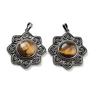 Natural Tiger Eye & Brass Pendants, Antique Silver, Sun Charm, 43.5x39.5x9mm, Hole: 9.5x5.5mm(G-K338-09AS-06)