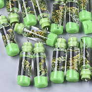 Glass Bottle Decorations, with Resin & Dried Flower, Resin Tampions and Iron Findings, Spring Green, 42~44x11mm, Hole: 2mm(GLAA-S181-14B)