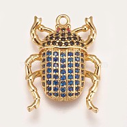 Brass Micro Pave Cubic Zirconia Pendants, Beetle, Blue, Golden, 22.5x16.5x4mm, Hole: 1.5mm(ZIRC-K078-04G)