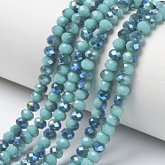 Electroplate Opaque Solid Color Glass Beads Strands, Half Plated, Blue Plated, Faceted, Rondelle, Medium Turquoise, 4x3mm, Hole: 0.4mm, about 123~127pcs/strand, 16.5~16.9 inch(42~43cm)(EGLA-A034-P4mm-I01)