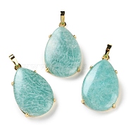 Natural Amazonite Pendants, Brass Teardrop Charms, Golden, Cadmium Free & Lead Free, 28.5x18x5~6mm, Hole: 5x4mm(G-U002-01G-B)